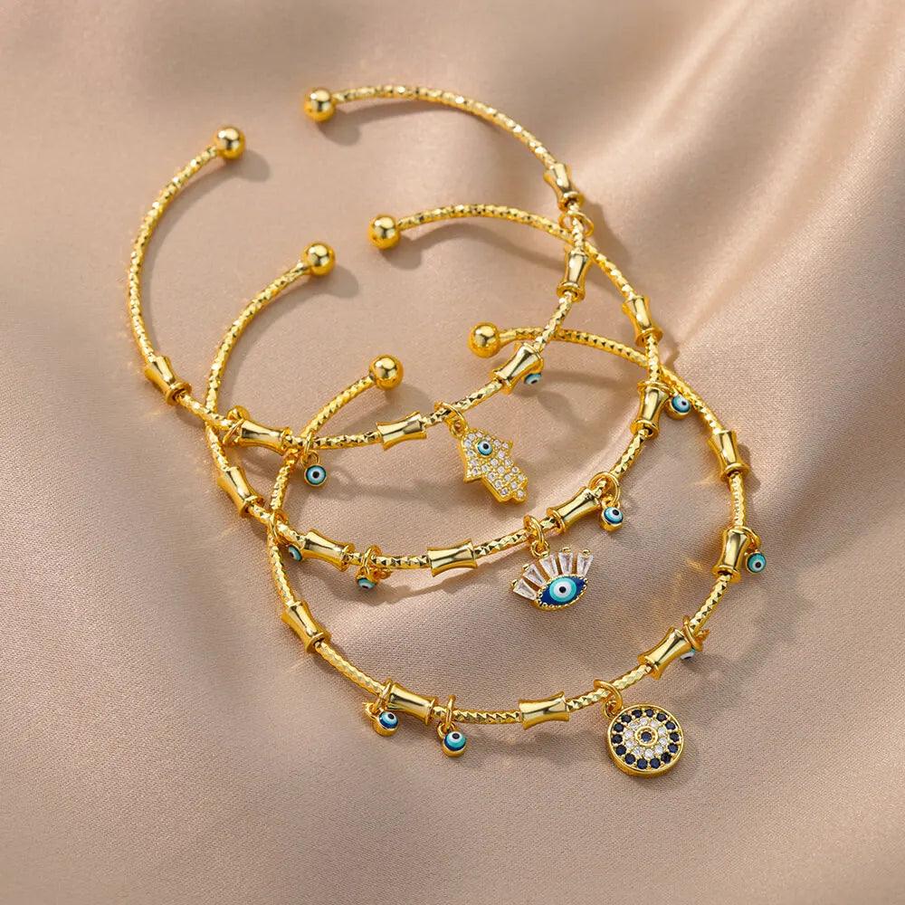 Pulseira de Aço Inoxidável com Olho Grego e Mão de Fátima - Dorelle Joias