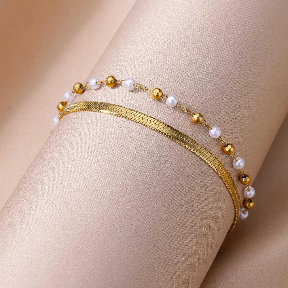 Pulseira Boho de Pérolas e Aço Inoxidável - Dorelle Joias