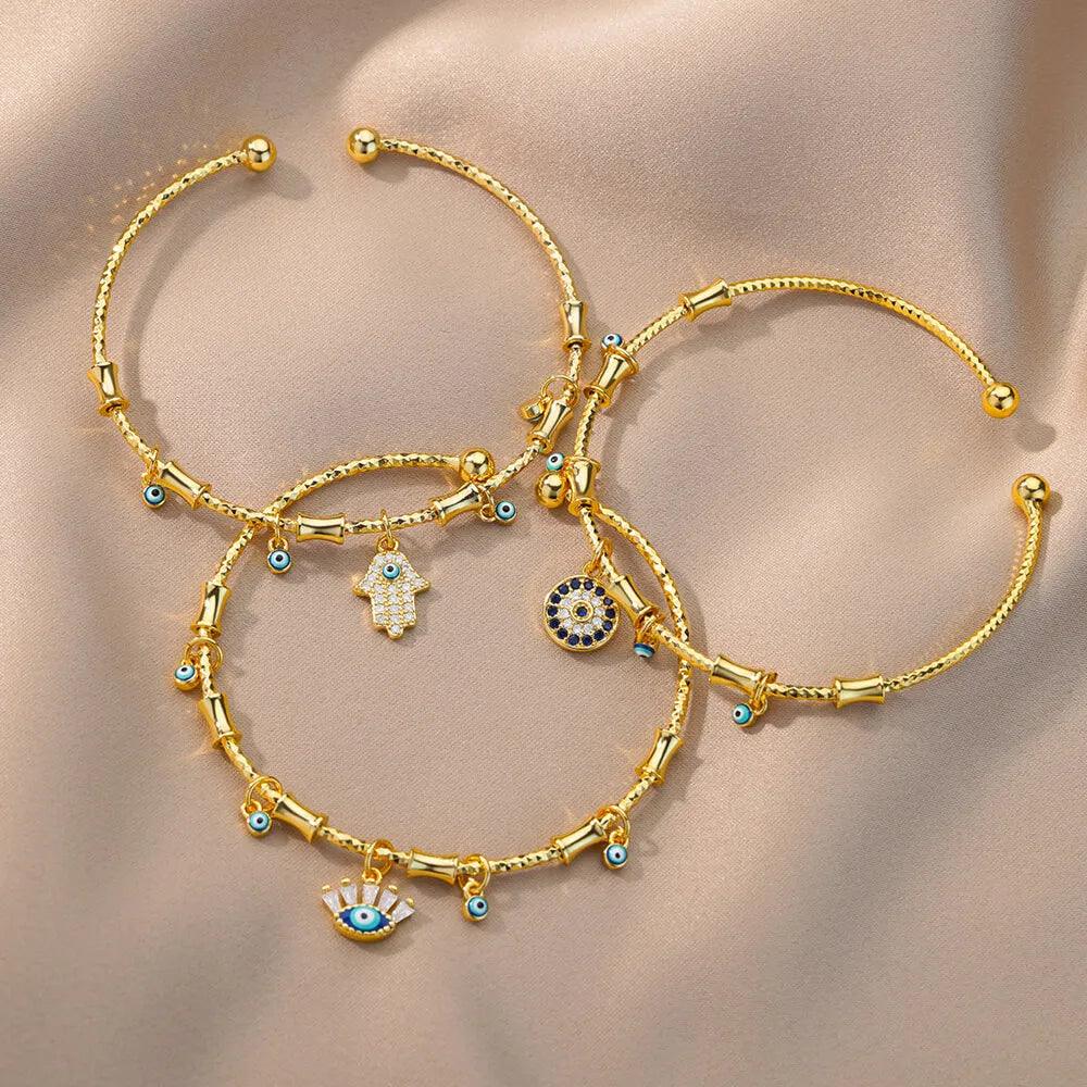 Pulseira de Aço Inoxidável com Olho Grego e Mão de Fátima - Dorelle Joias