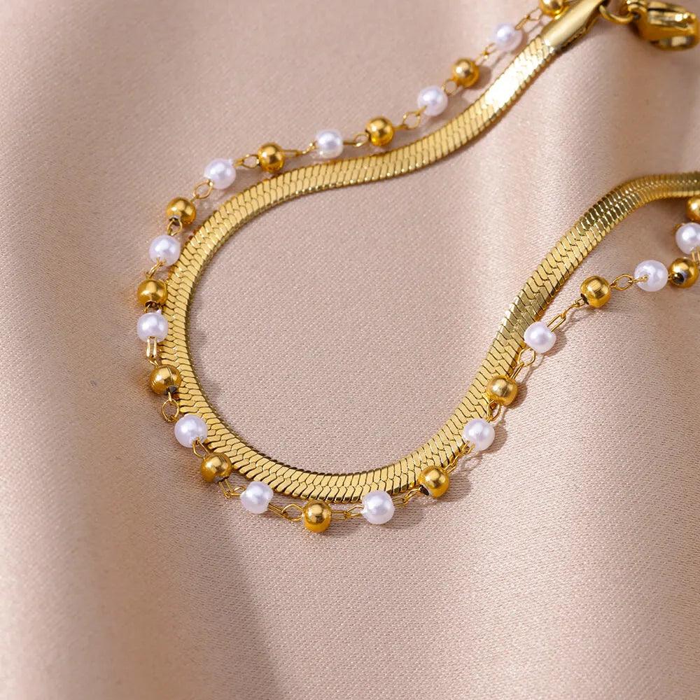 Pulseira Boho de Pérolas e Aço Inoxidável - Dorelle Joias