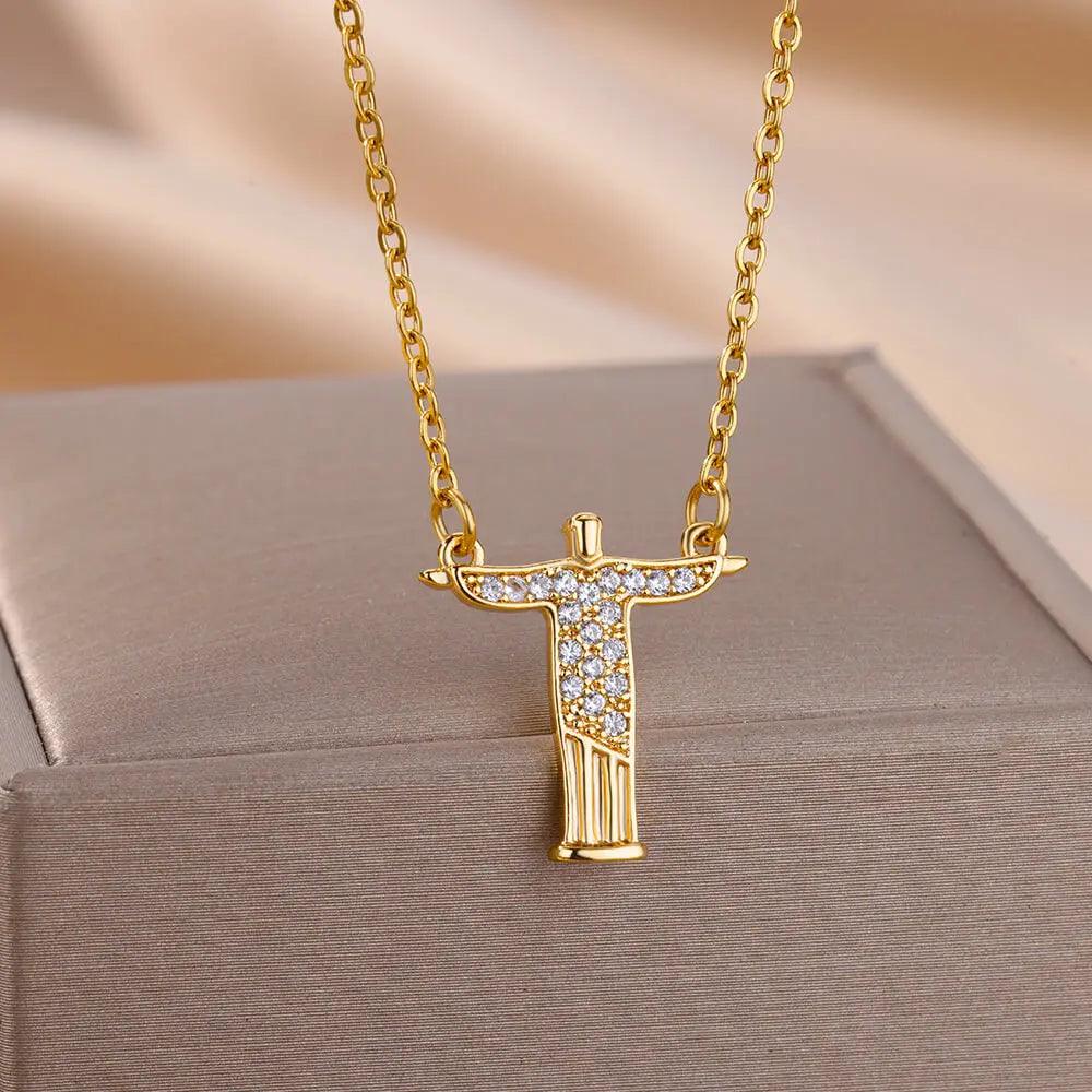 Colar Cristo de Zircão Unissex em Aço Inoxidável - Dorelle Joias