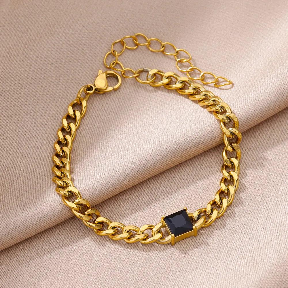 Pulseira Corrente Cubana Unissex com Charme de Zircão - Dorelle Joias