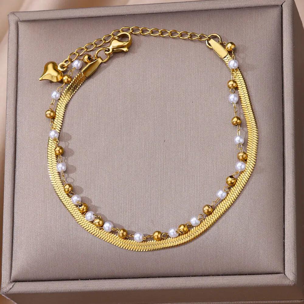 Pulseira Boho de Pérolas e Aço Inoxidável - Dorelle Joias