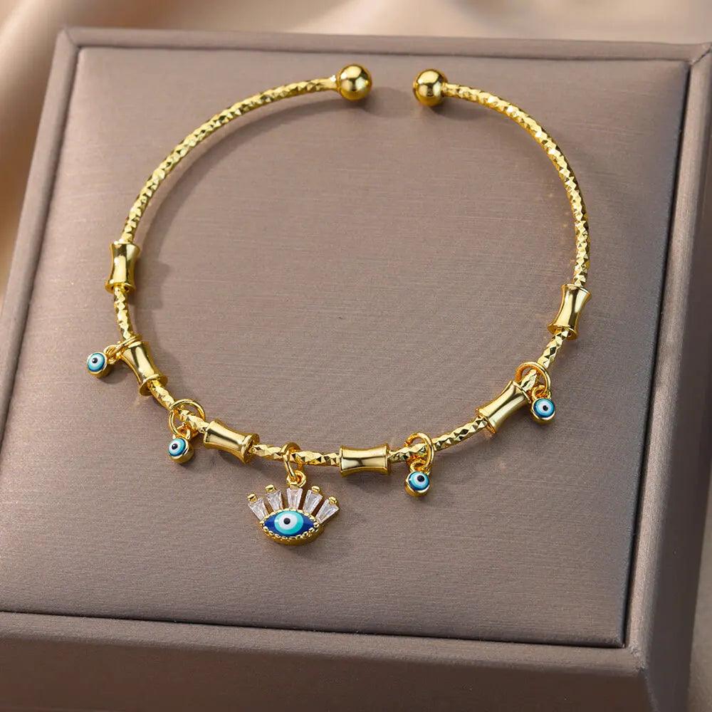 Pulseira de Aço Inoxidável com Olho Grego e Mão de Fátima - Dorelle Joias