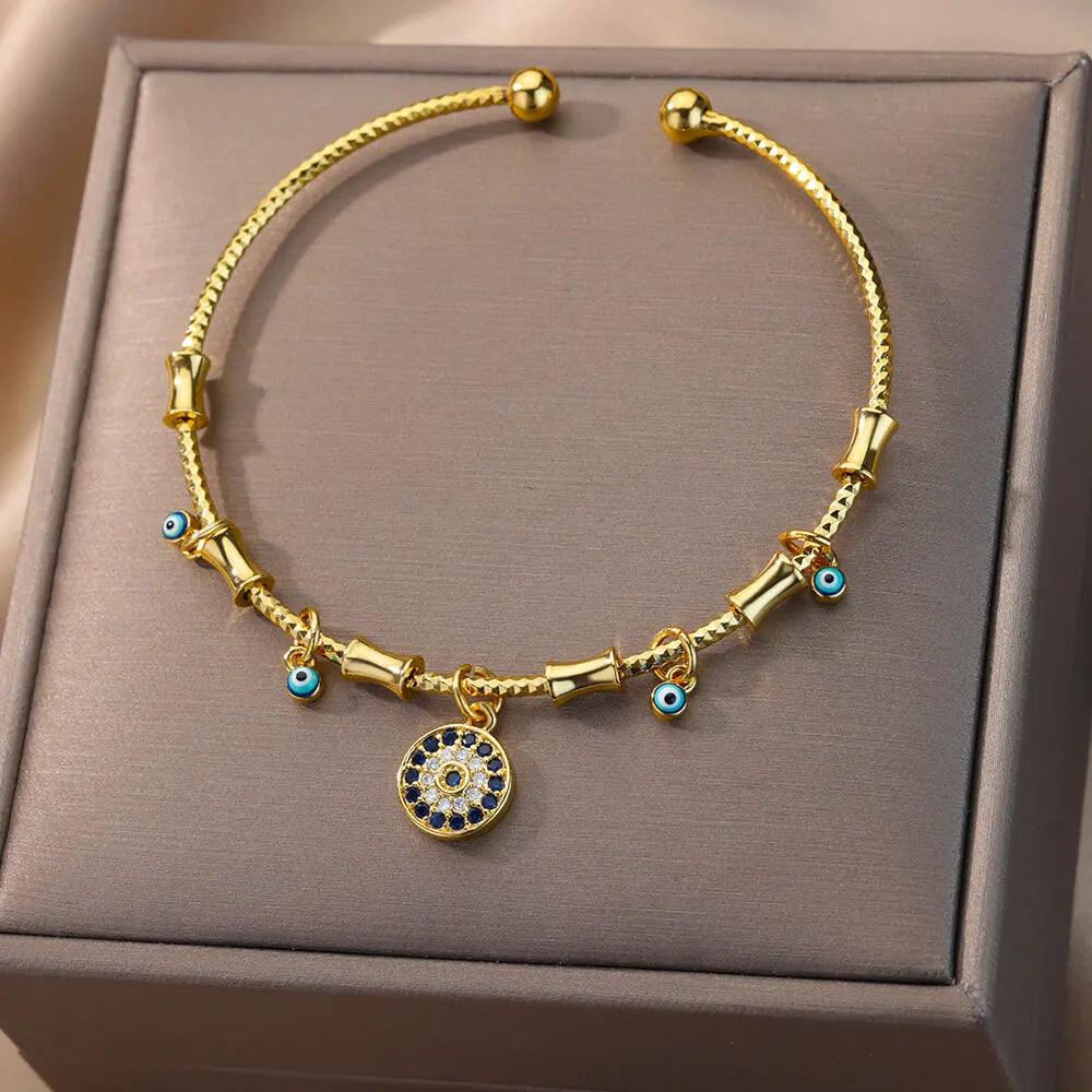 Pulseira de Aço Inoxidável com Olho Grego e Mão de Fátima - Dorelle Joias