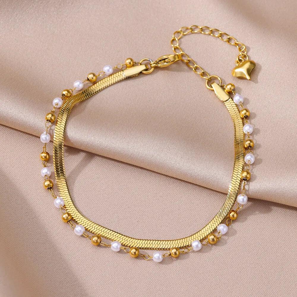 Pulseira Boho de Pérolas e Aço Inoxidável - Dorelle Joias