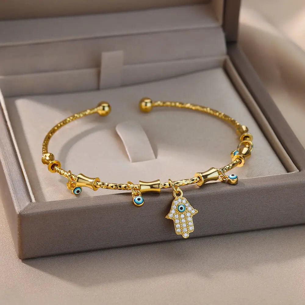 Pulseira de Aço Inoxidável com Olho Grego e Mão de Fátima - Dorelle Joias