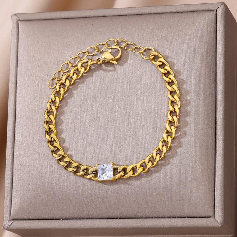 Pulseira Corrente Cubana Unissex com Charme de Zircão - Dorelle Joias