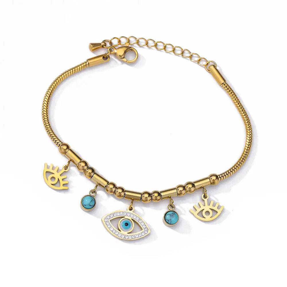 Pulseira de Aço Inoxidável com Olho Grego e Mão de Fátima - Dorelle Joias
