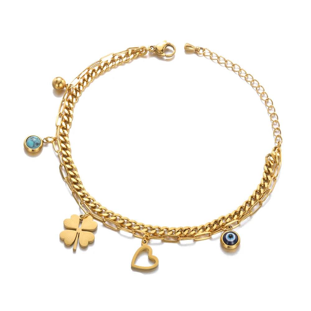 Pulseira de Aço Inoxidável com Olho Grego e Mão de Fátima - Dorelle Joias