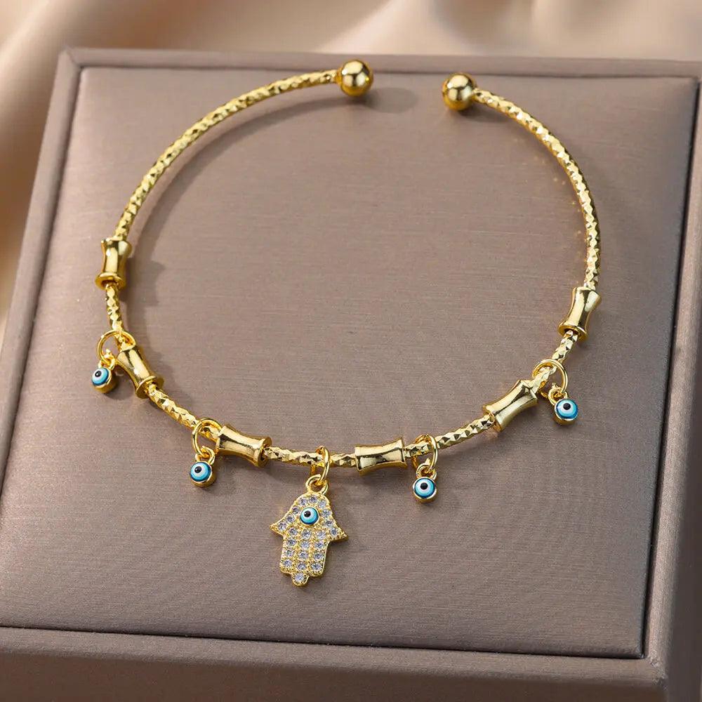 Pulseira de Aço Inoxidável com Olho Grego e Mão de Fátima - Dorelle Joias