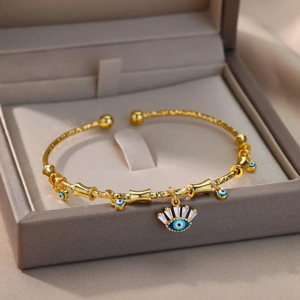 Pulseira de Aço Inoxidável com Olho Grego e Mão de Fátima - Dorelle Joias
