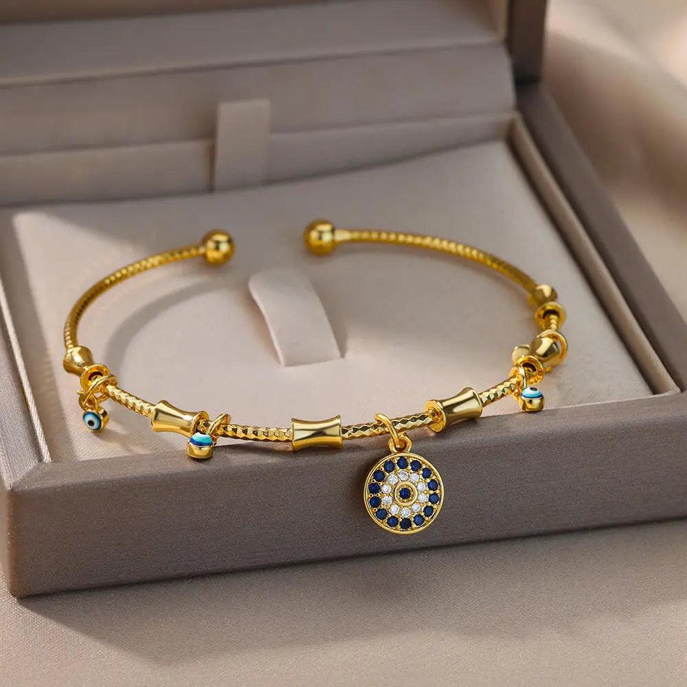 Pulseira de Aço Inoxidável com Olho Grego e Mão de Fátima - Dorelle Joias