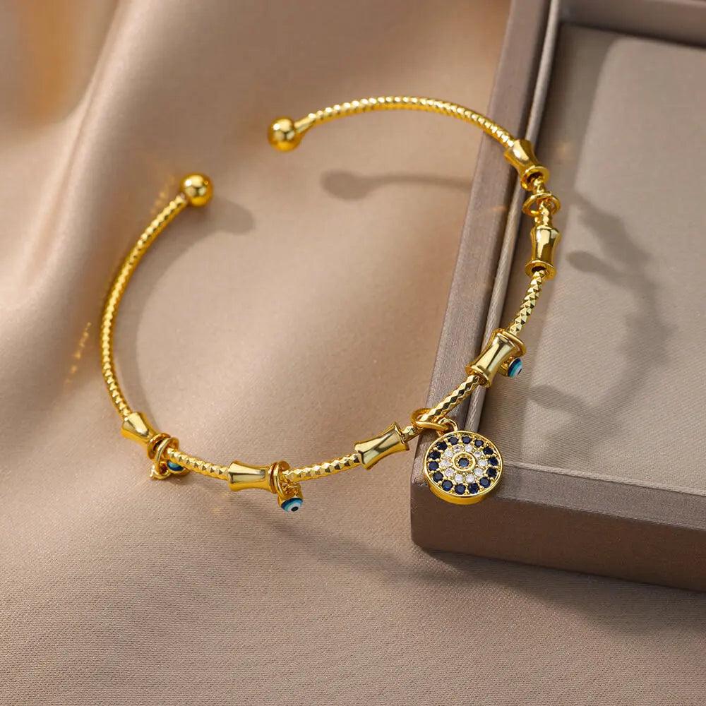 Pulseira de Aço Inoxidável com Olho Grego e Mão de Fátima - Dorelle Joias
