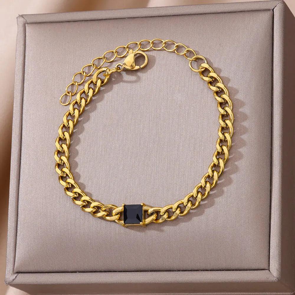 Pulseira Corrente Cubana Unissex com Charme de Zircão - Dorelle Joias