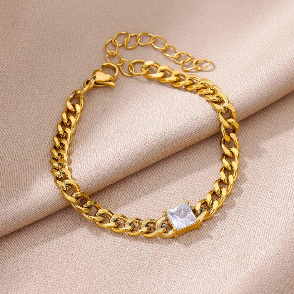 Pulseira Corrente Cubana Unissex com Charme de Zircão - Dorelle Joias