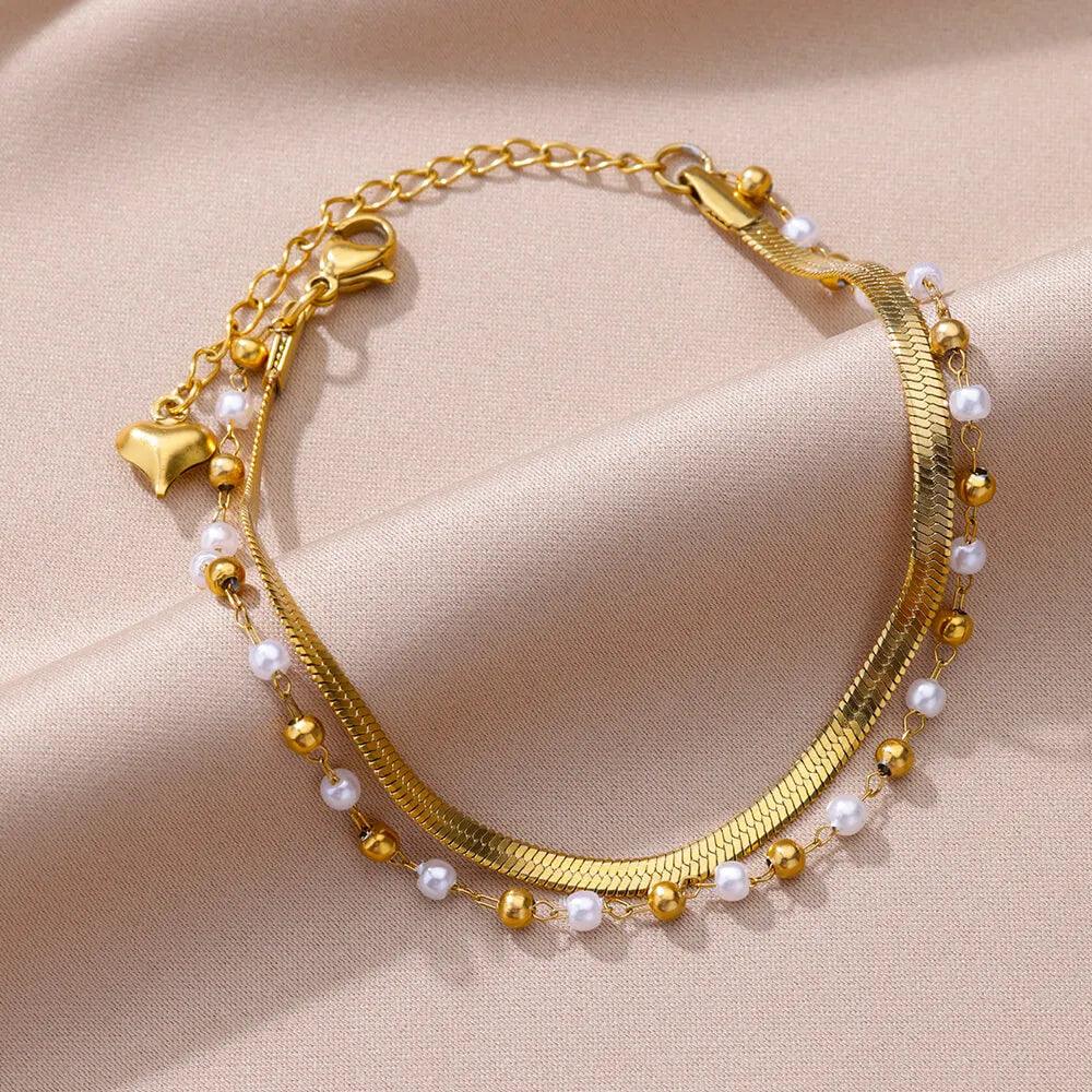 Pulseira Boho de Pérolas e Aço Inoxidável - Dorelle Joias