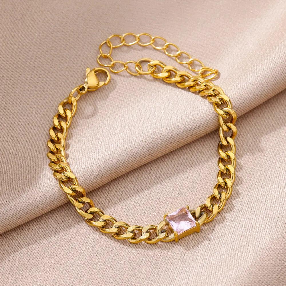 Pulseira Corrente Cubana Unissex com Charme de Zircão - Dorelle Joias