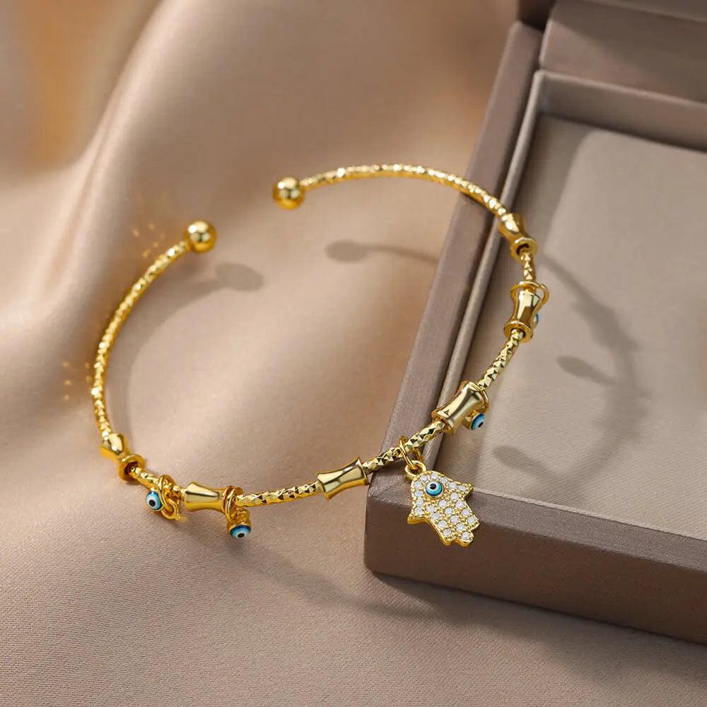 Pulseira de Aço Inoxidável com Olho Grego e Mão de Fátima - Dorelle Joias