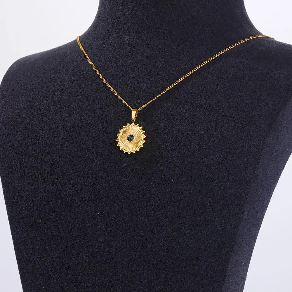 Colar Pingente Redondo com Zircão Preto - Aço Inoxidável - Dorelle Joias