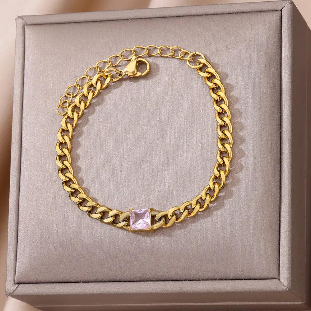 Pulseira Corrente Cubana Unissex com Charme de Zircão - Dorelle Joias