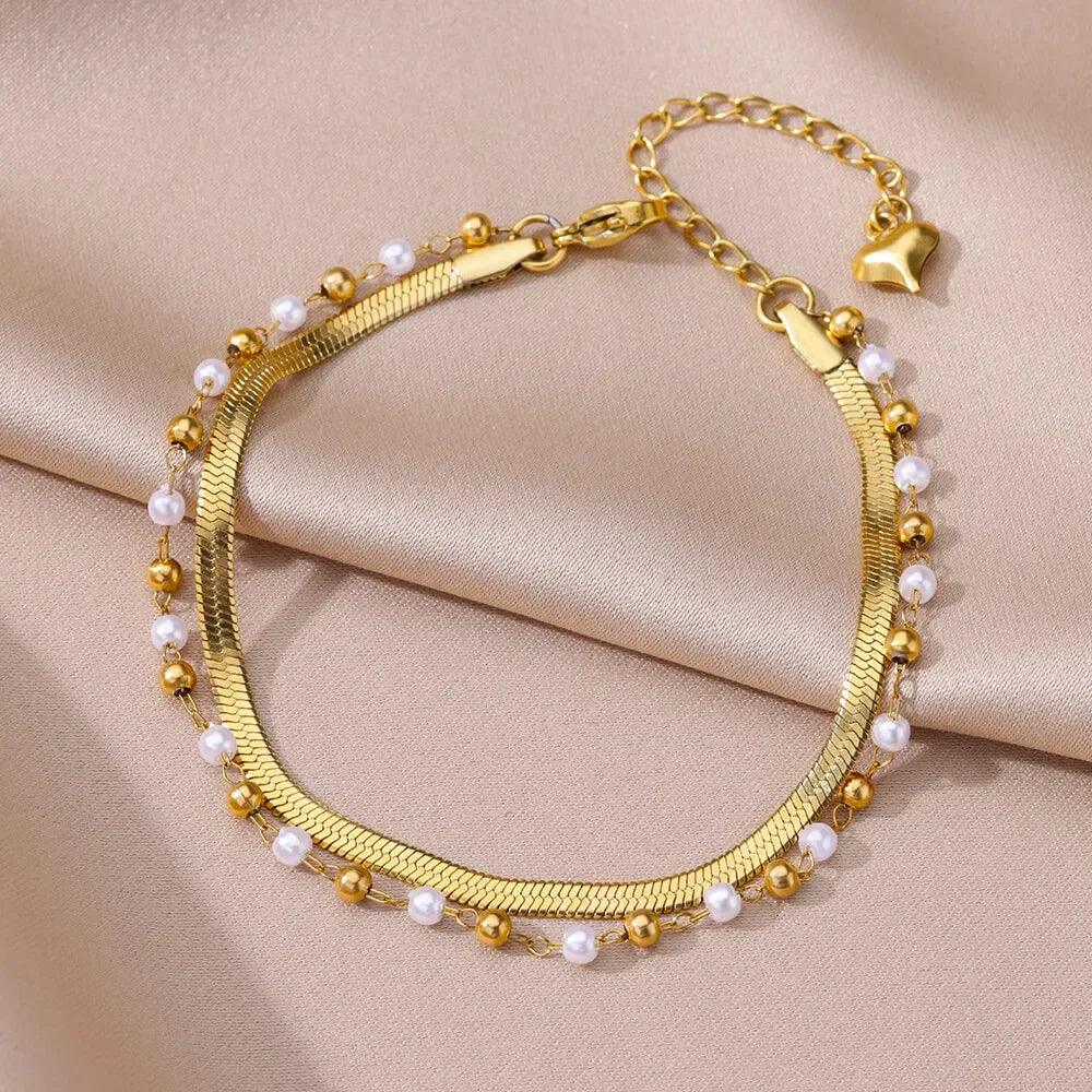Tornozeleira Boho de Pérolas e Aço Inoxidável - Dorelle Joias