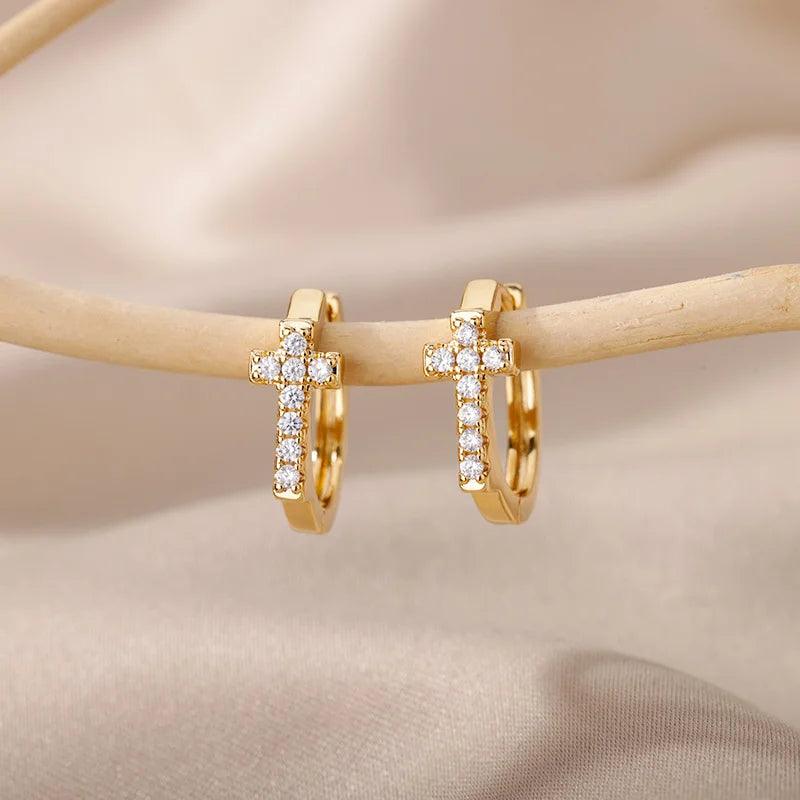 Brincos Vintage de Zircônia com Cruz em Aço Inoxidável - Dorelle Joias