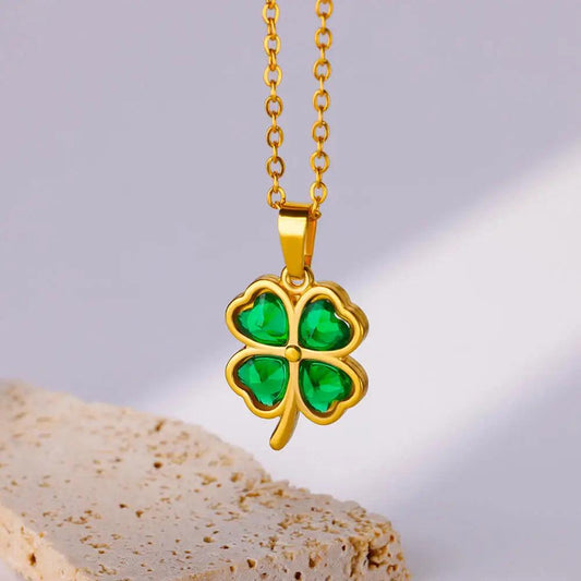 Green Zircon Four Leaf Clover Necklace para Mulheres, Aço Inoxidável, Gold Color Pendant, Birthday Jewelry Gift, Frete Grátis